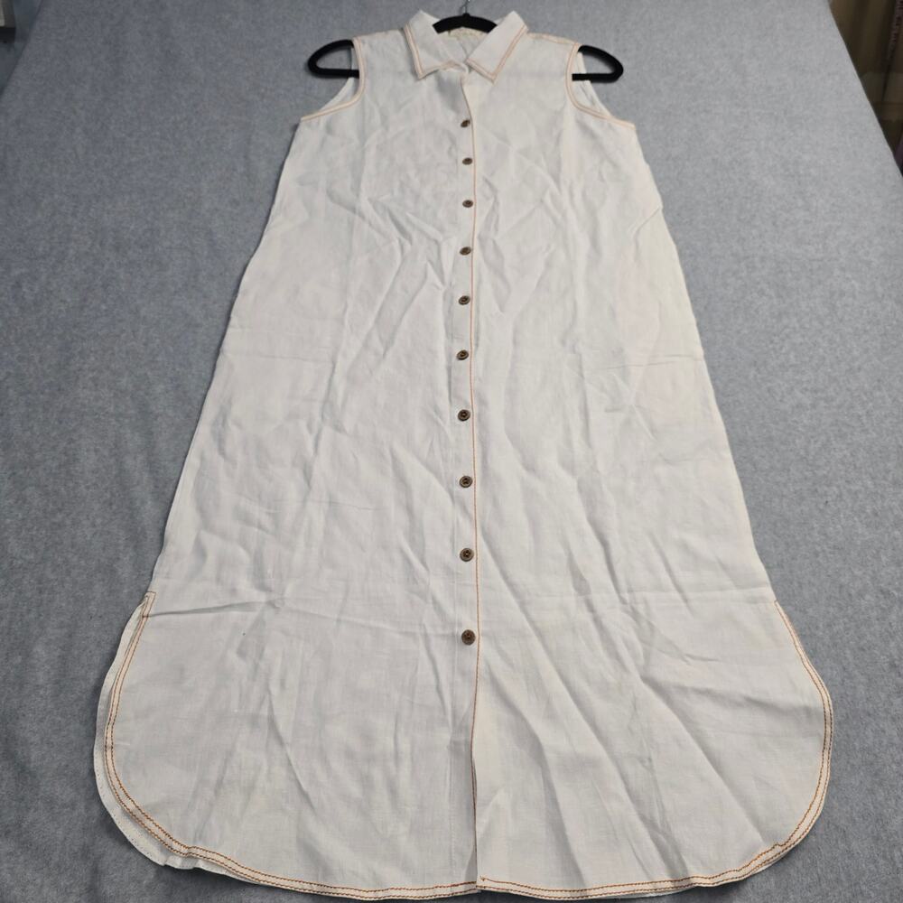 Women's Linen Midi Dress Sz M Ivory Button Front Coastal Boho Resort Minimalist